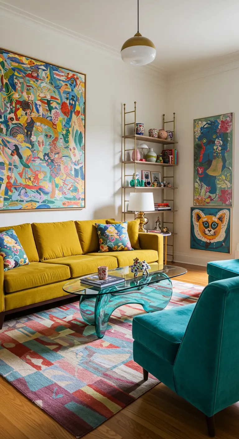 Salón ecléctico con sofá mostaza, sillones turquesa y un gran cuadro abstracto y colorido.