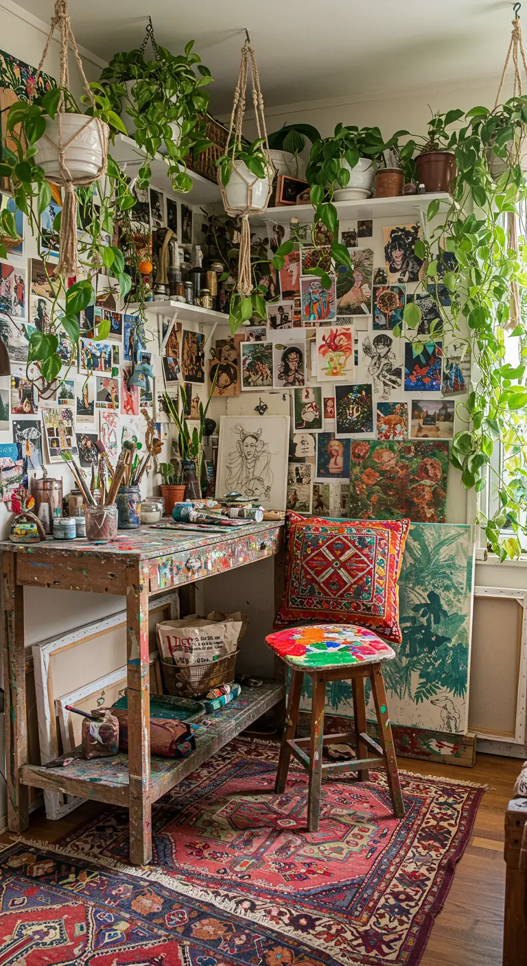 Estudio de artista bohemio y maximalista con paredes cubiertas de collage y muchas plantas.