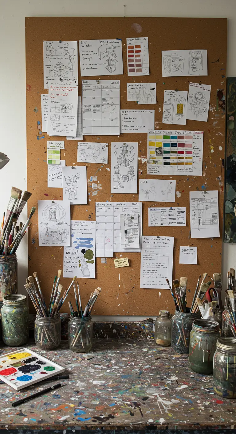 Pared de un estudio de artista cubierta con un gran tablón de corcho lleno de bocetos y notas.