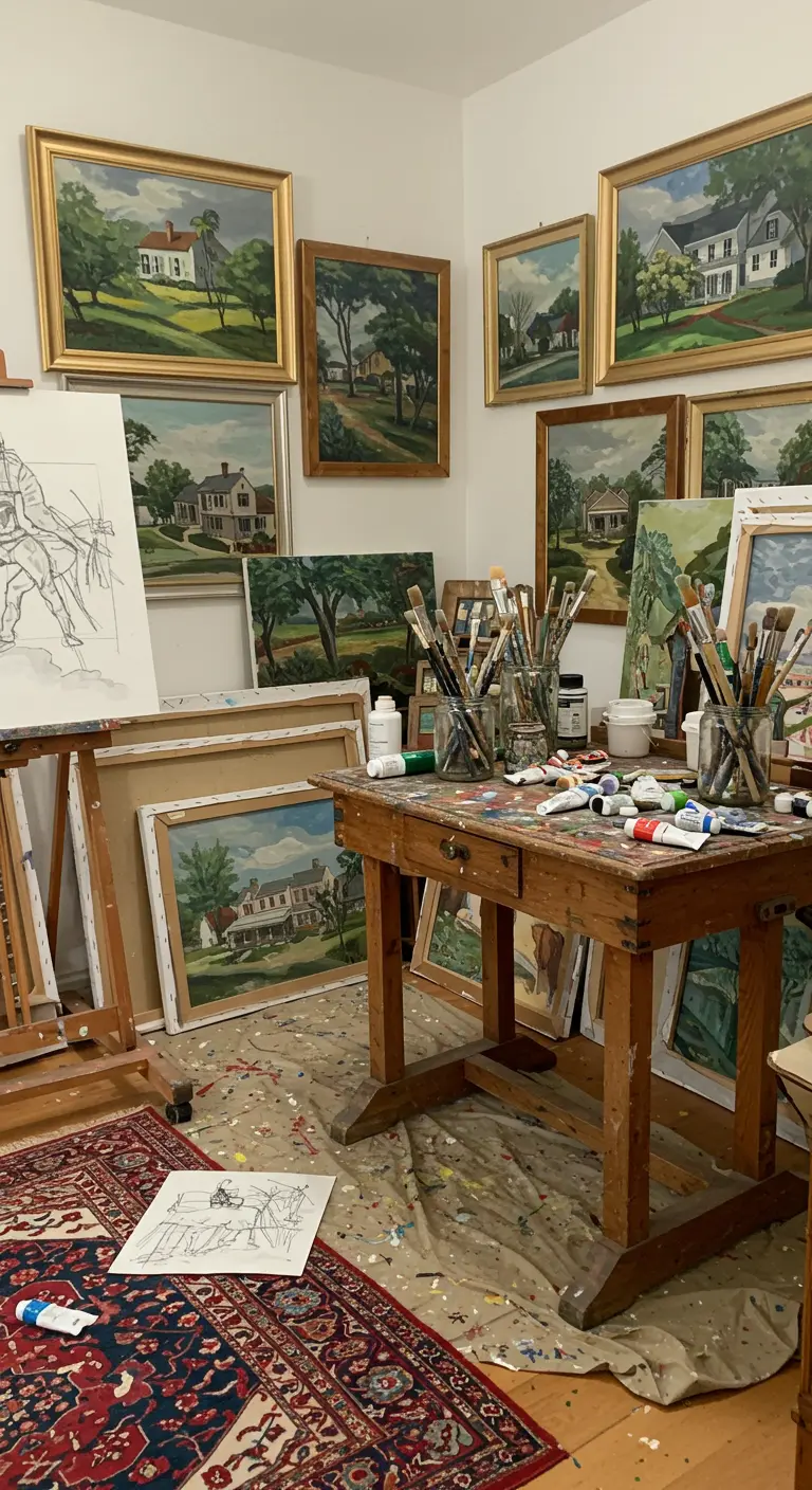 Estudio de un artista lleno de lienzos, pinturas, pinceles y un caballete