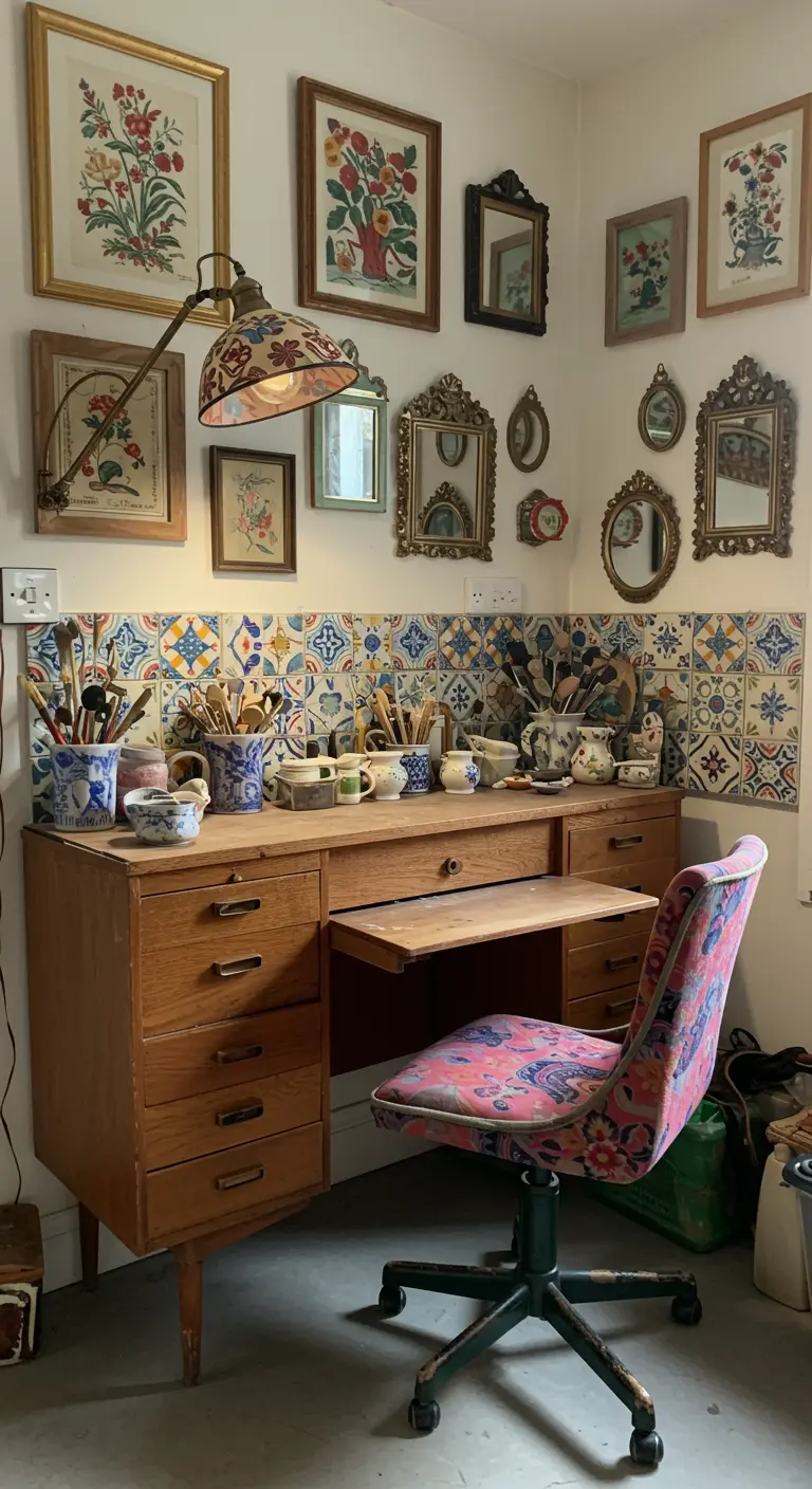Rincón ecléctico y vintage con escritorio de madera, azulejos y una pared galería.
