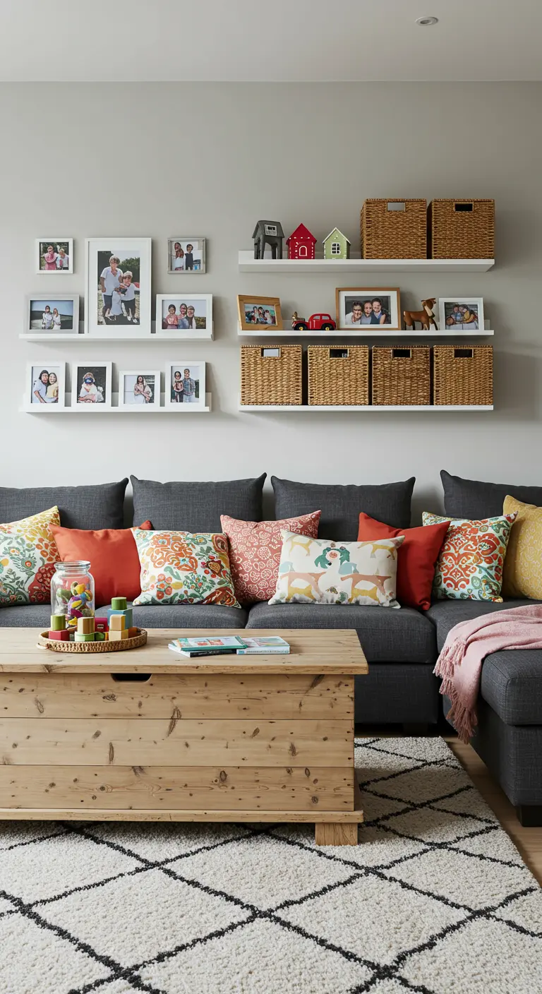 Sala de estar familiar con un gran sofá gris, cojines de colores y estanterías con fotos.