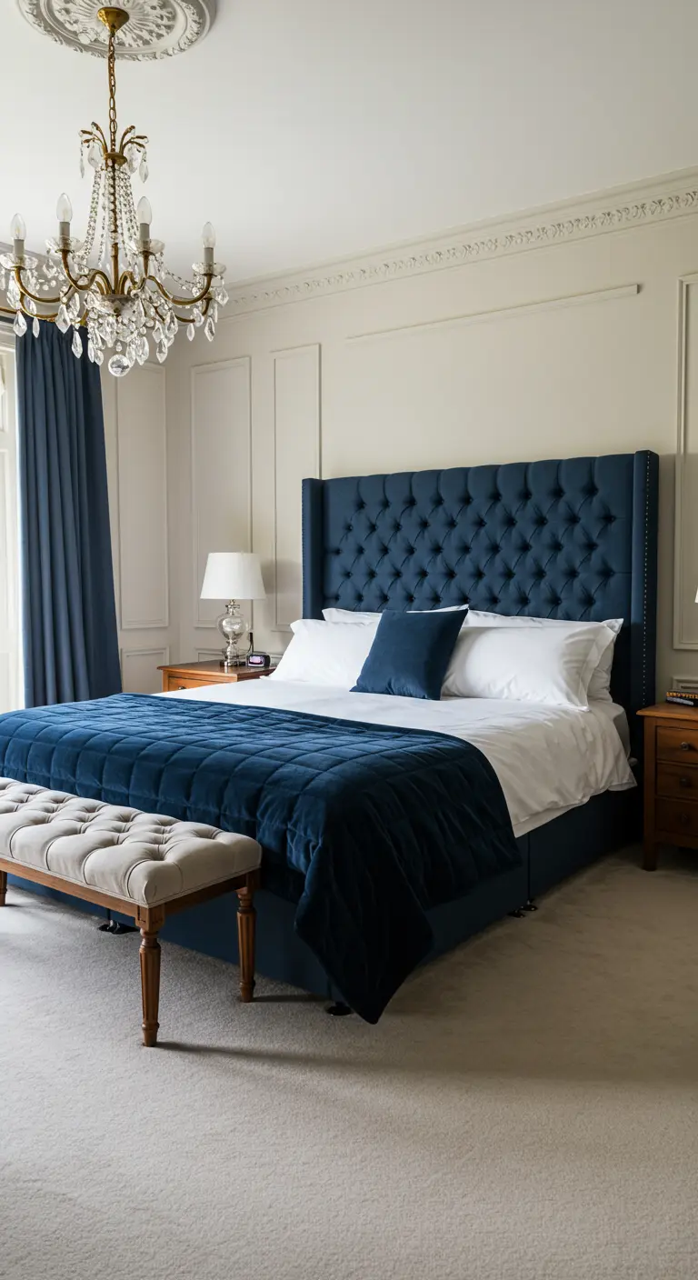 Cabecero clásico de estilo capitoné tapizado en terciopelo azul marino en un dormitorio elegante