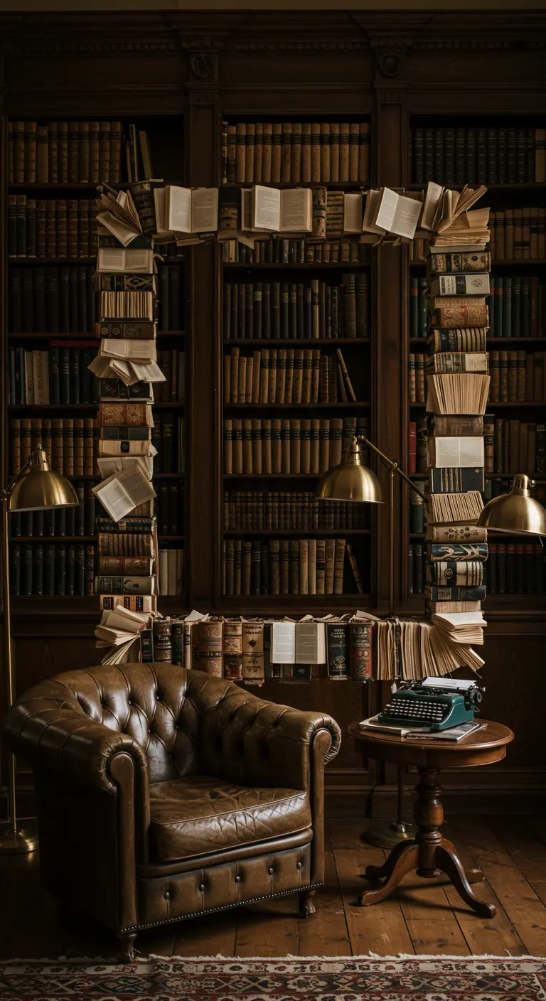 Un marco de fotomatón hecho de libros abiertos en una biblioteca de estilo antiguo.