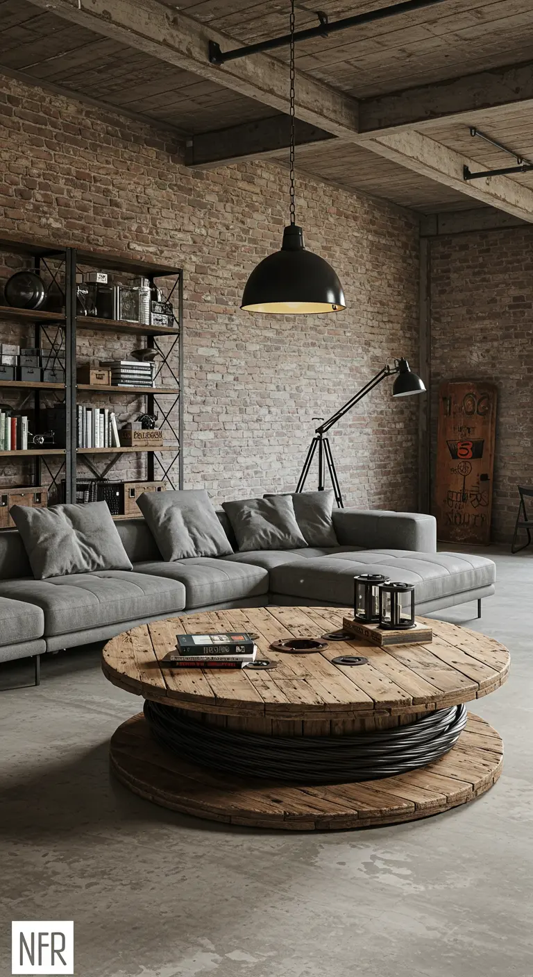 Una gran bobina de cable de madera utilizada como mesa de centro en un espacio de estilo industrial.