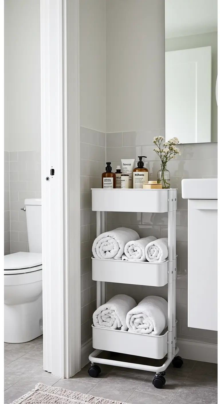 Carrito de baño blanco con tres niveles, cargado de toallas y productos de aseo.