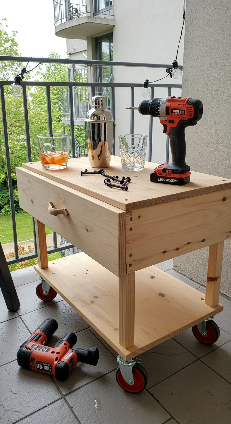 Carrito de bar DIY de madera de pino con ruedas, hecho a partir de un cajón profundo