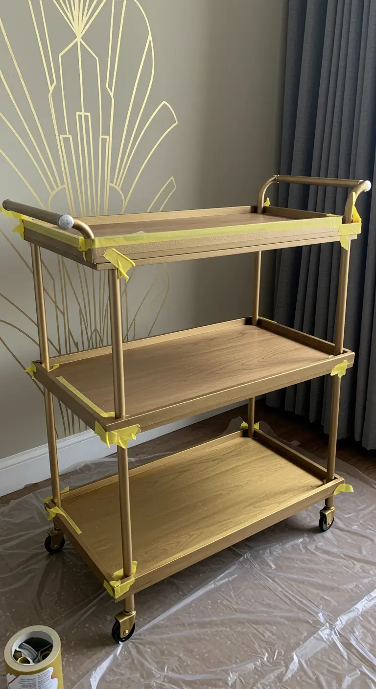 Carrito de bebidas de tres niveles pintado de dorado, en proceso de renovación.