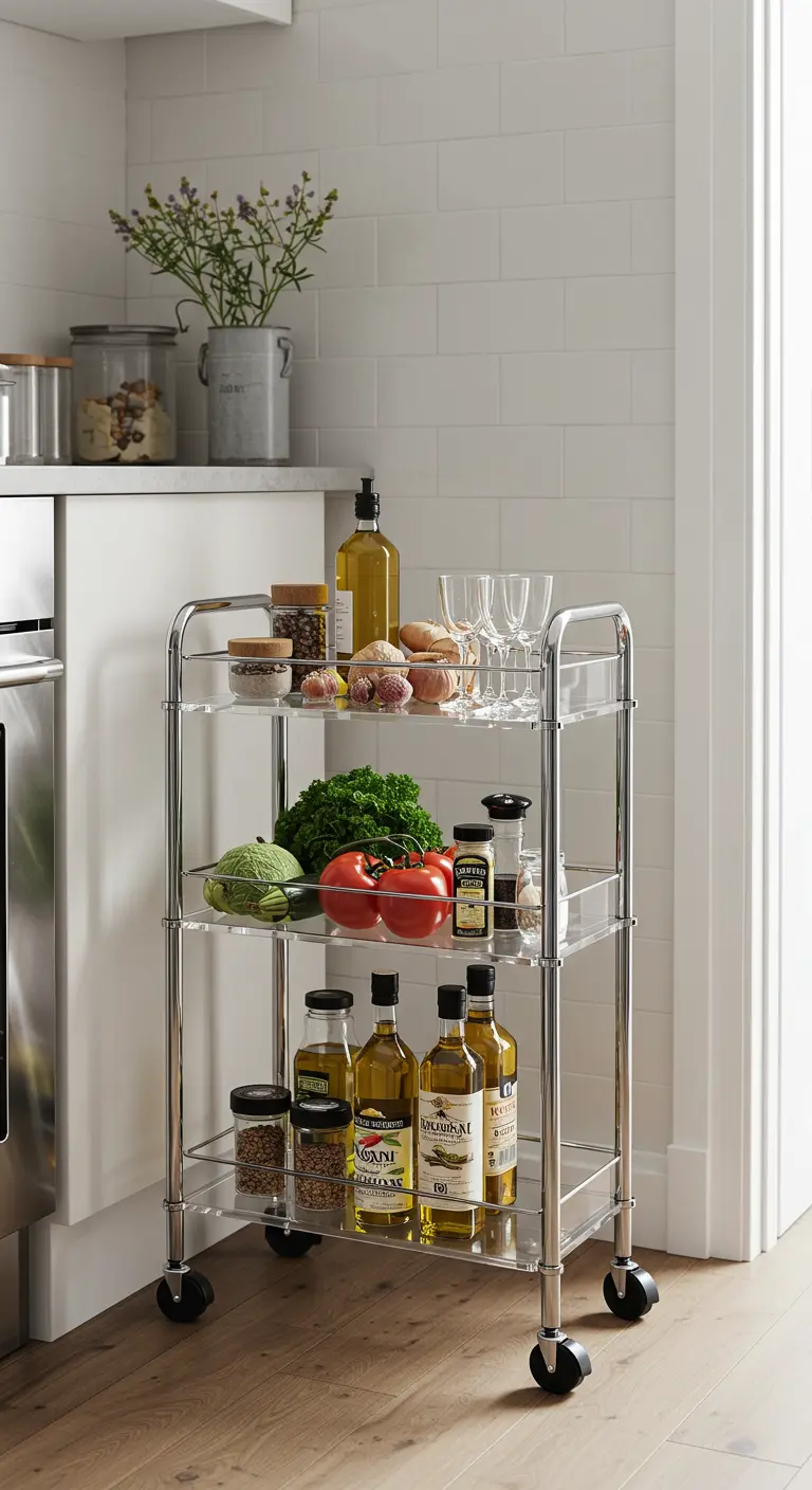 Carrito de cocina con ruedas, estructura de cromo y tres estantes de acrílico con alimentos