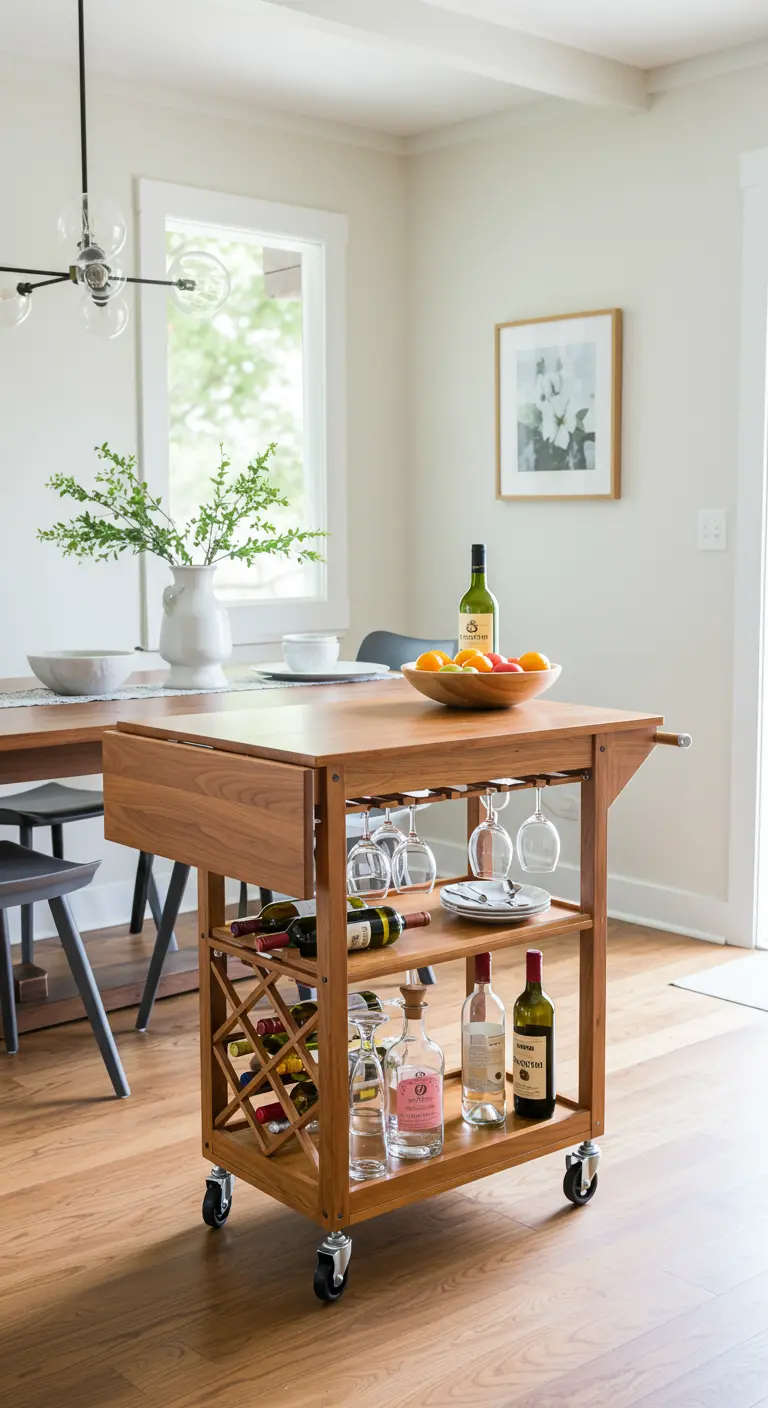 Carrito de bar de madera con ruedas, cargado de botellas de vino, copas y una tabla con frutas.