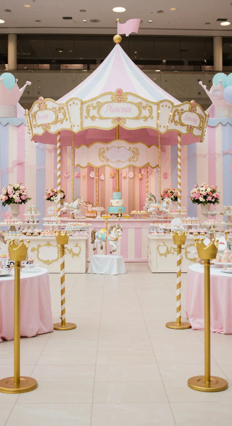 Fiesta de cumpleaños con temática de carrusel en tonos pastel con detalles dorados.
