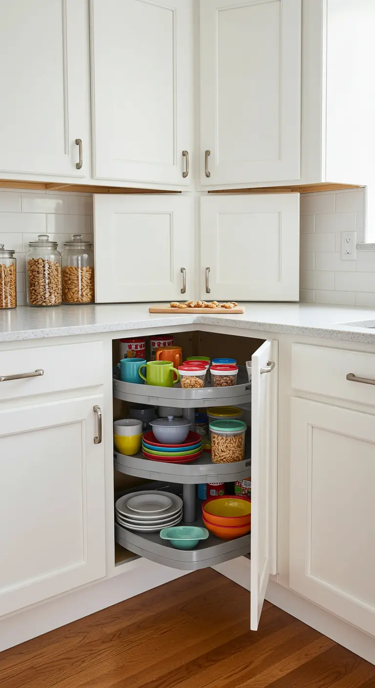 Estantes giratorios de plástico gris en una cocina blanca, llenos de tuppers y platos de colores.