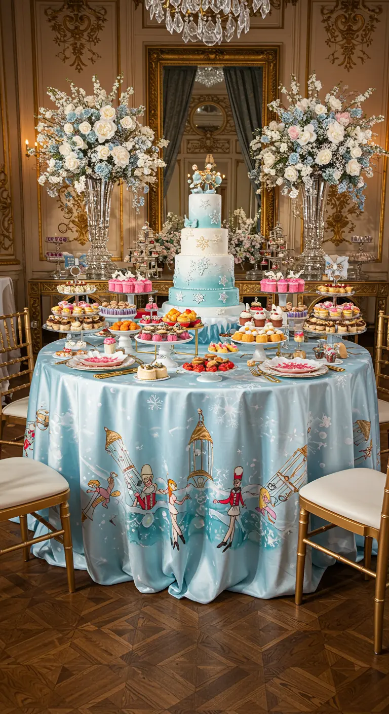 Mantel azul claro de satén con personajes del Cascanueces pintados, en una mesa de postres.