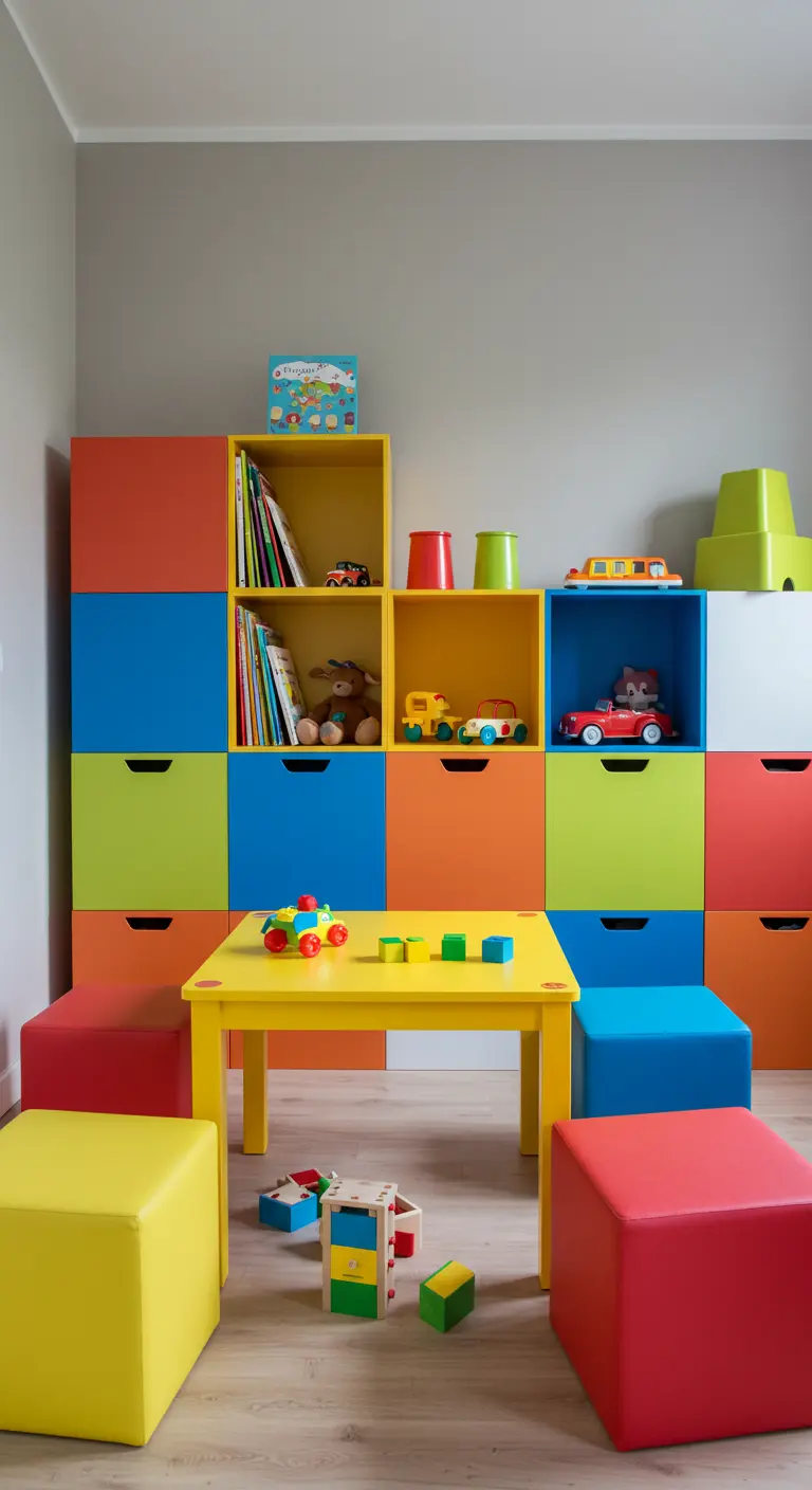 Estantería modular de cubos de colores vivos en una habitación infantil llena de juguetes.