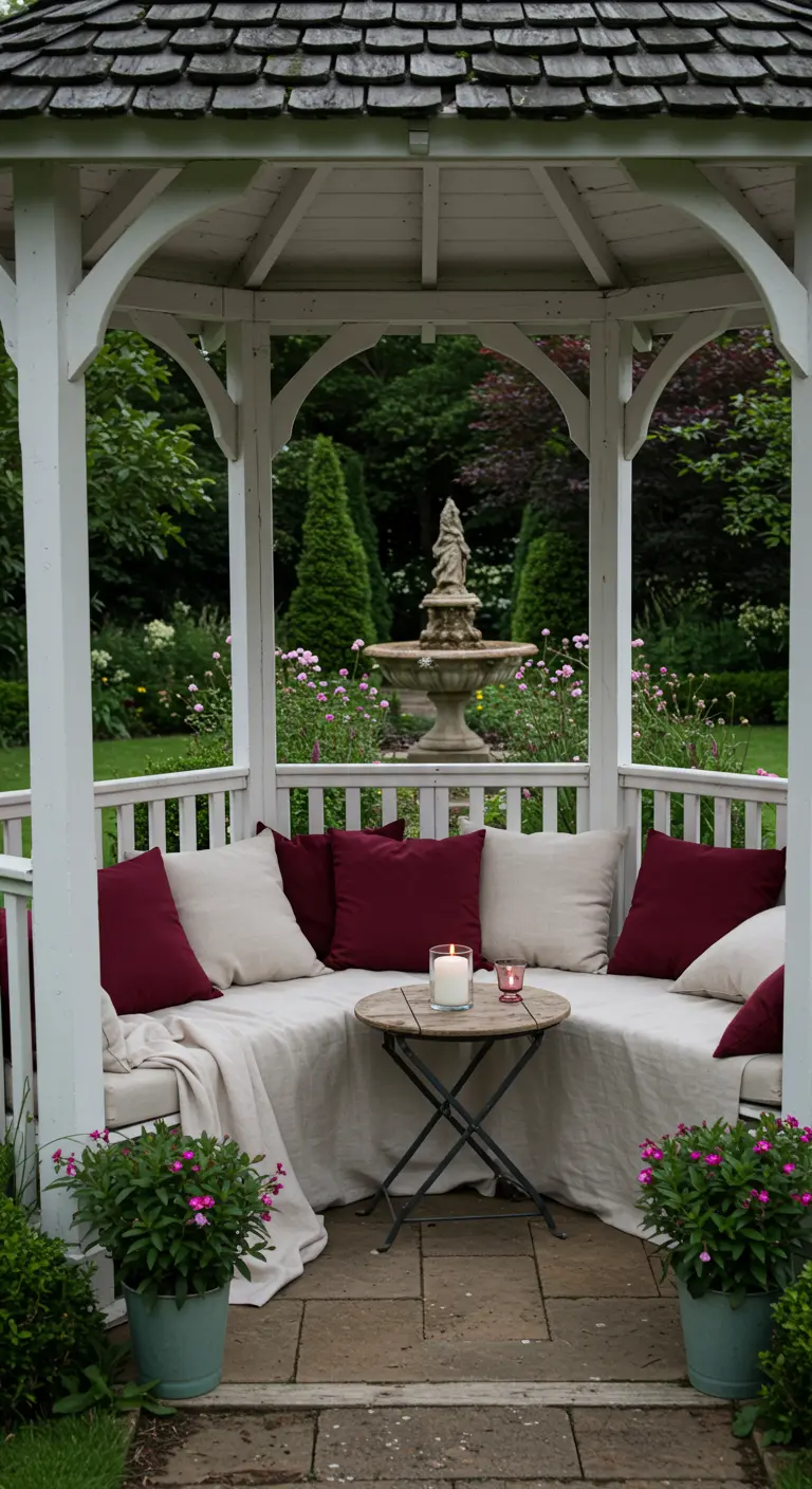 Cenador de madera blanca con un banco interior lleno de cojines en tonos crudo y borgoña.
