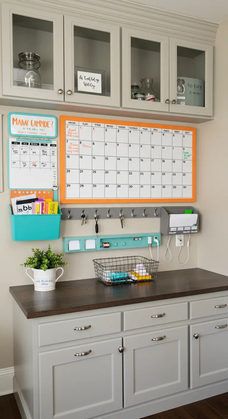 Centro de organización familiar con una gran pizarra blanca con marco naranja y colgadores de llaves.
