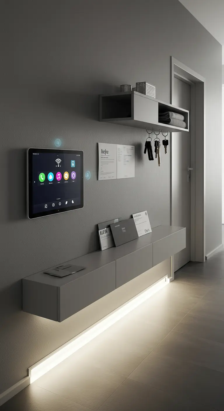 Consola flotante de estilo minimalista en un pasillo con una tablet en la pared y luz LED.