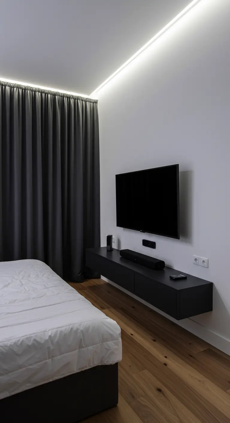 Mueble de TV flotante negro y largo en una pared blanca de un dormitorio minimalista.