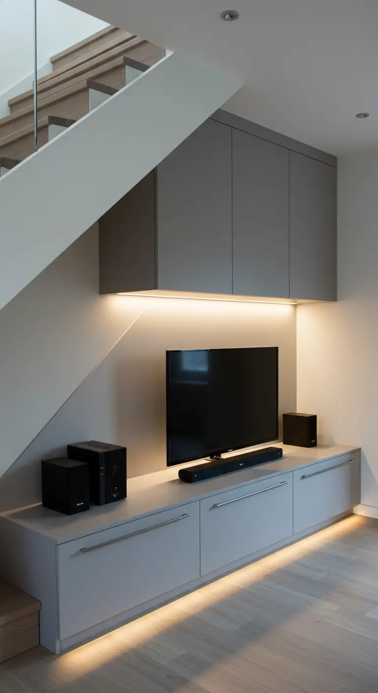 Mueble de televisión moderno de color gris bajo una escalera con iluminación LED