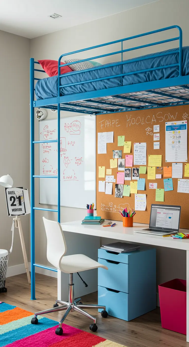 Cama alta de metal azul con un gran tablero de corcho en la pared lleno de notas