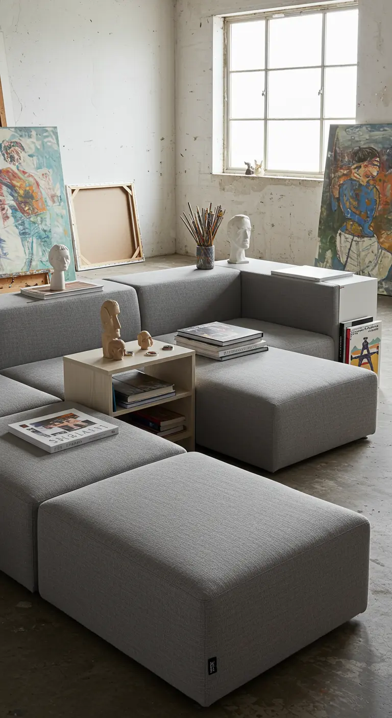 Sofá modular gris con una mesa central integrada en un loft de artista, usado como espacio de trabajo.