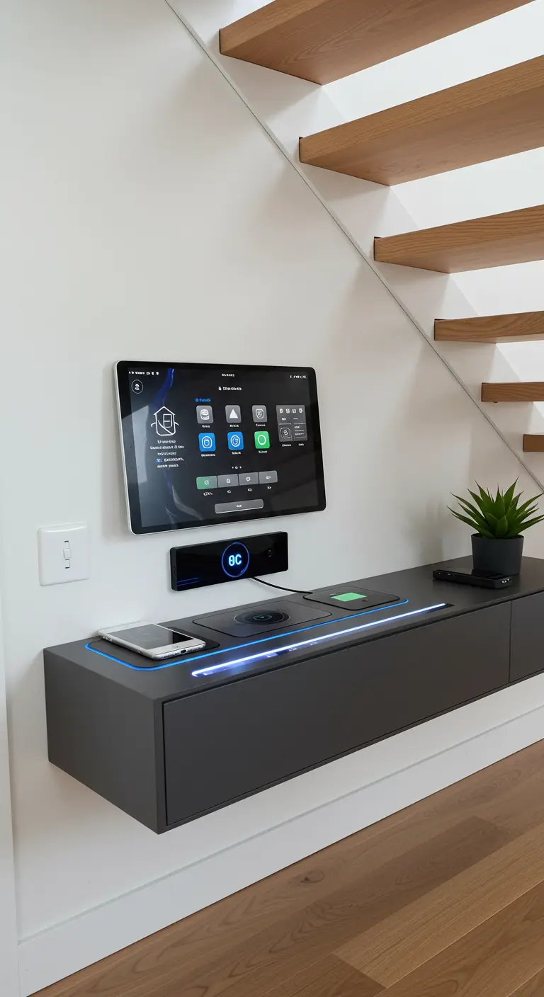 Estación de carga y domótica bajo una escalera con consola flotante