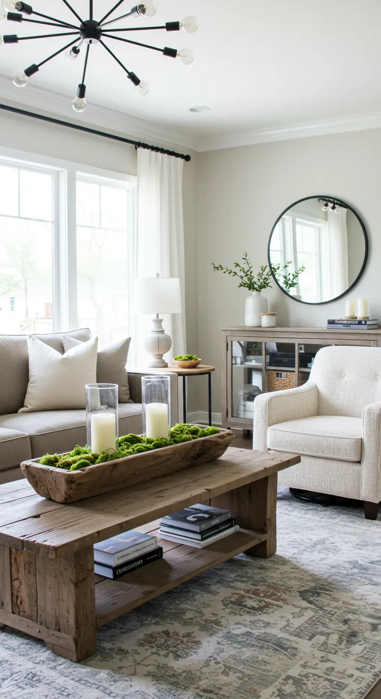 Centro de mesa en una batea de madera con velas y musgo verde sobre una mesa de centro
