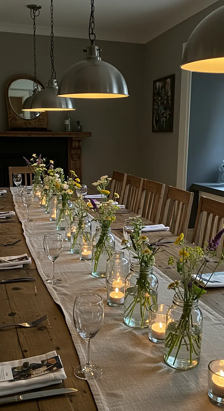 Larga mesa de comedor de madera decorada con un camino de frascos de vidrio usados como floreros y portavelas.