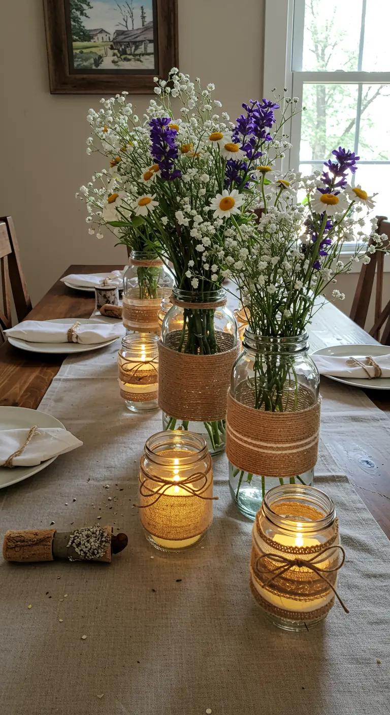 Centro de mesa rústico con frascos de yute como floreros y portavelas.