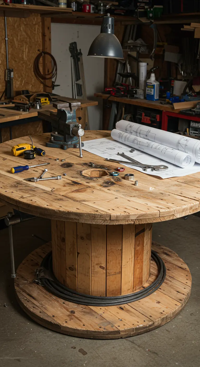 Mesa de carrete de cable de madera en un taller, con herramientas y planos encima.