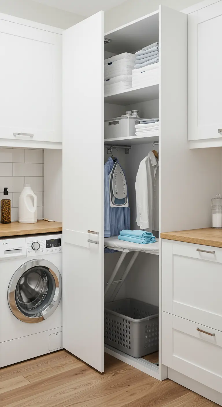Armario blanco abierto que revela una tabla de planchar plegable y extraíble junto a una lavadora
