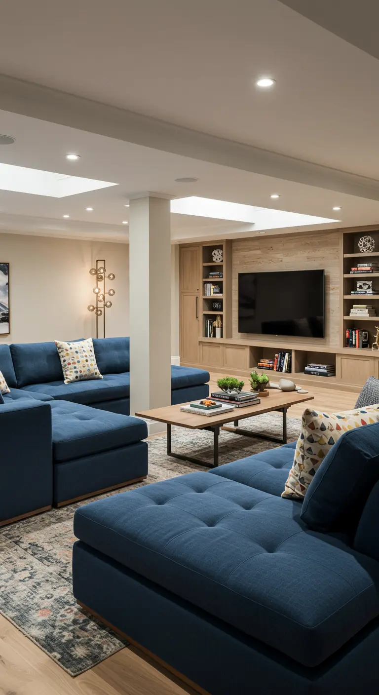 Gran sofá modular azul en forma de U en un sótano familiar convertido en sala de entretenimiento.