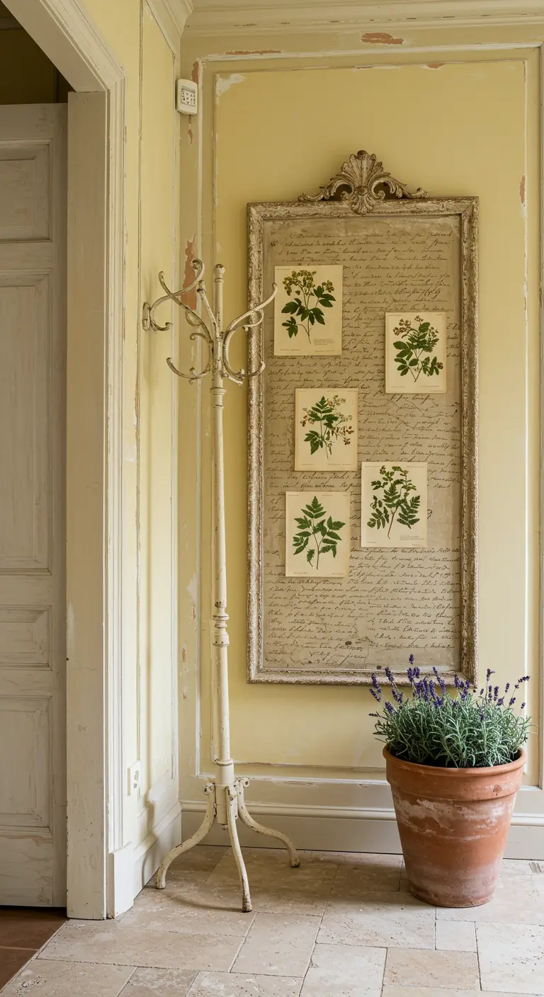 Rincón de estilo provenzal con perchero de forja blanco, tablero de corcho con láminas botánicas y lavanda.