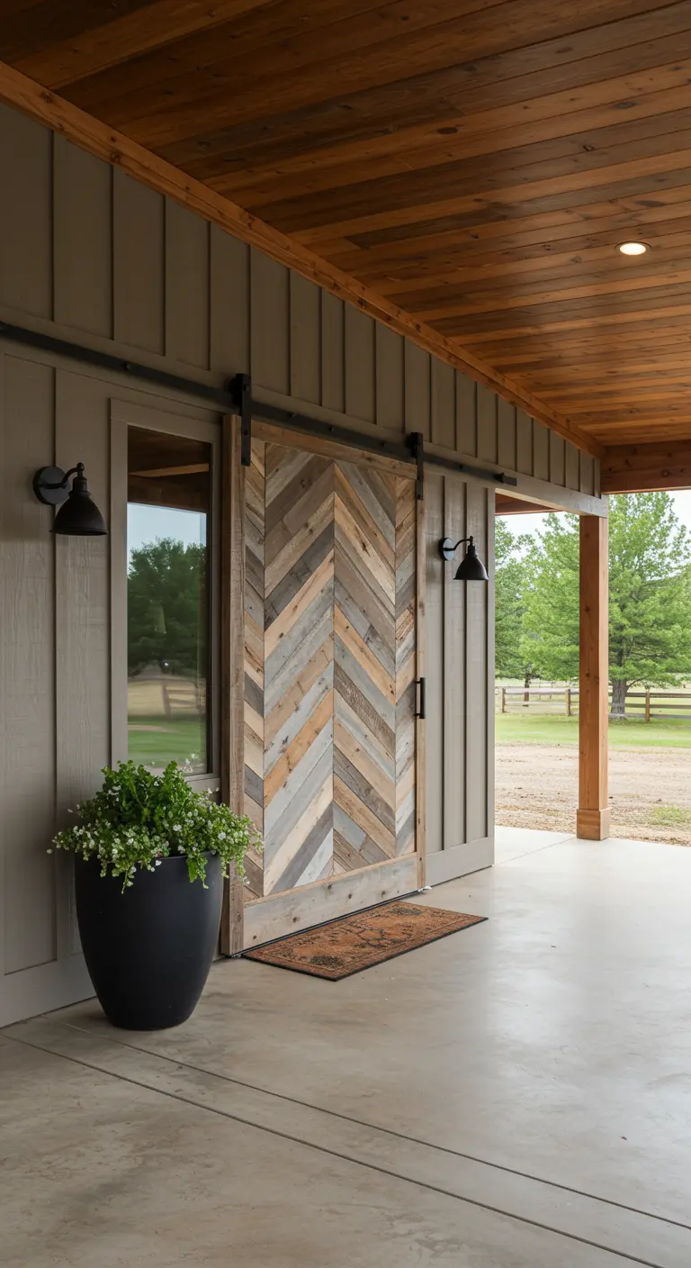 Puerta de granero corrediza hecha con tablones de madera en un patrón de espiga o chevron.