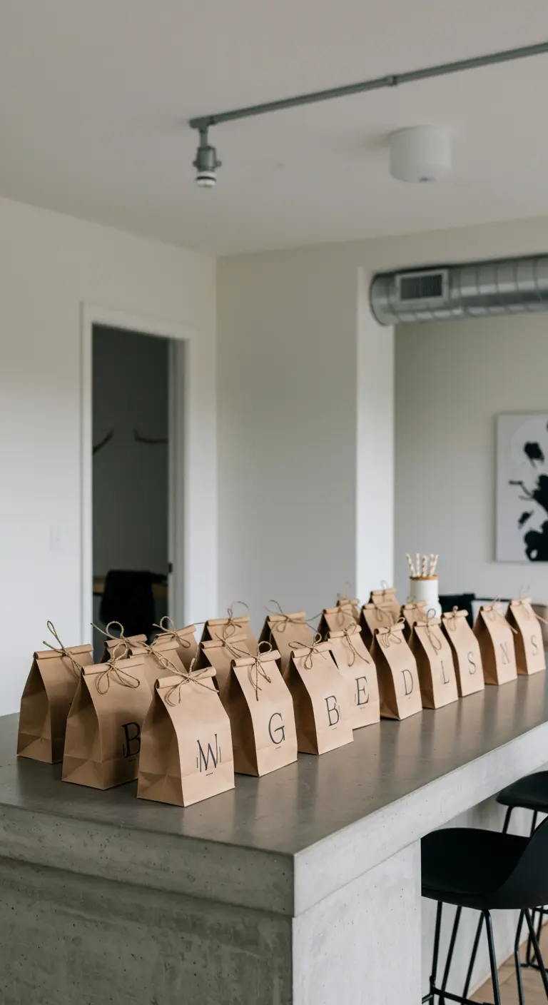 Bolsas de papel kraft alineadas en una encimera, cada una con una inicial.