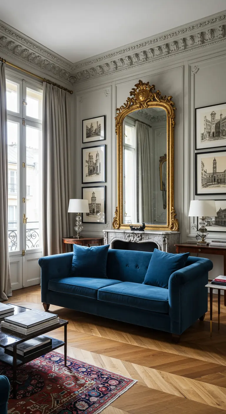 Elegante sala de estar parisina con molduras, un gran espejo dorado y un sofá de terciopelo azul.