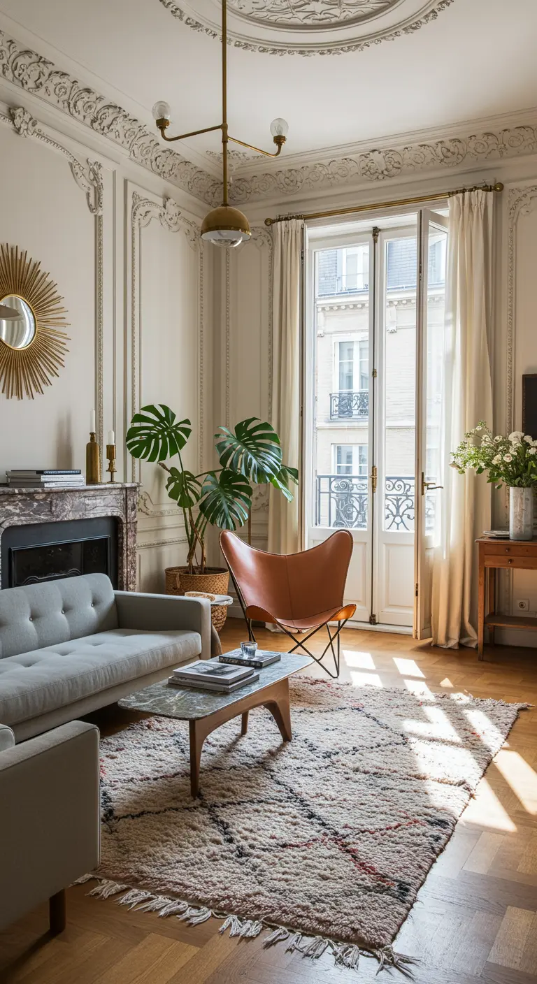 Salón parisino con molduras, chimenea y una gran alfombra marroquí de lana
