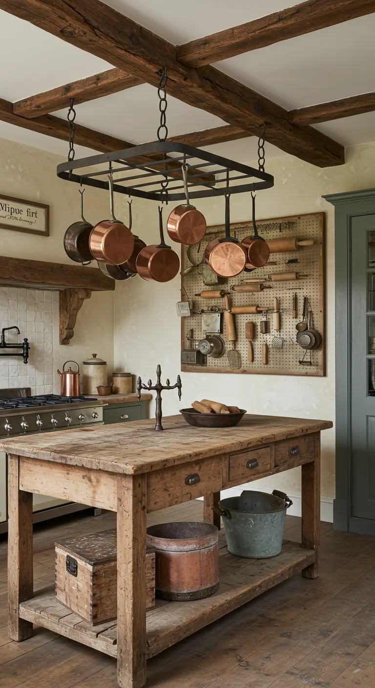 Cocina rústica con un soporte de techo del que cuelgan sartenes de cobre sobre una isla de madera