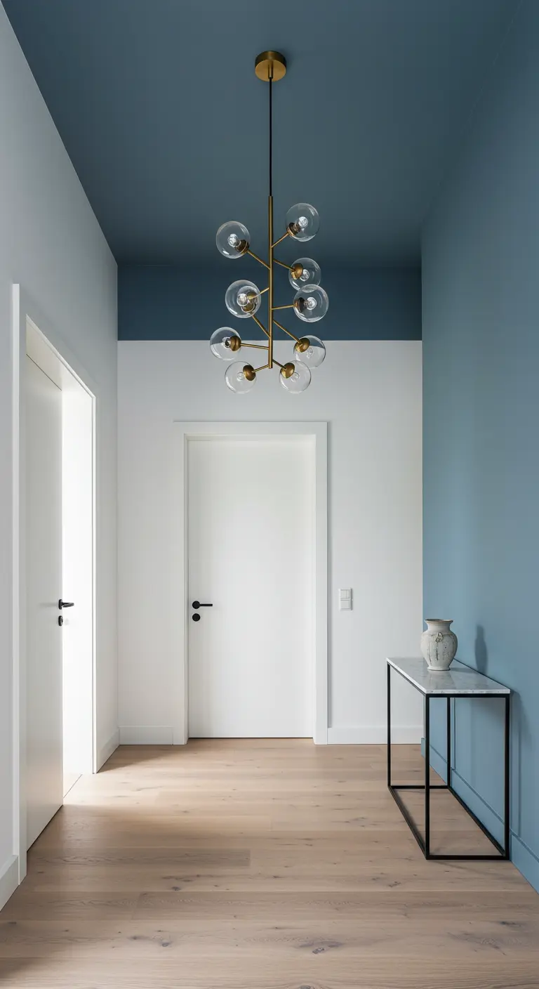 Pasillo con techo pintado de azul oscuro y paredes blancas, con una lámpara moderna.