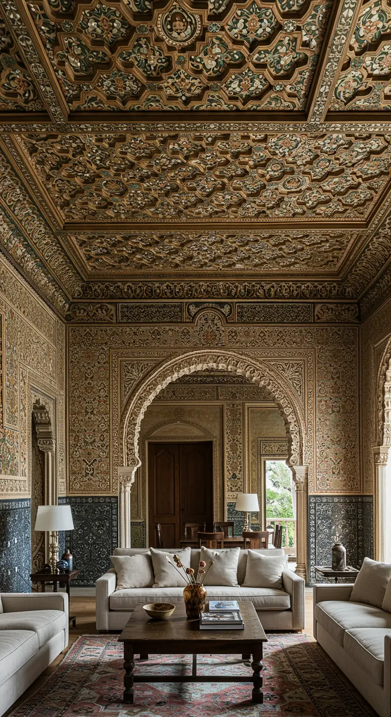 Salón con espectacular techo mudéjar tallado y pintado, arco ornamental y sofás modernos.