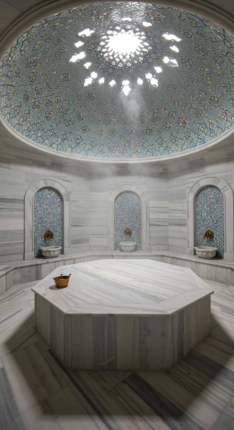 Interior de un hammam de mármol blanco con una cúpula de mosaico y vapor