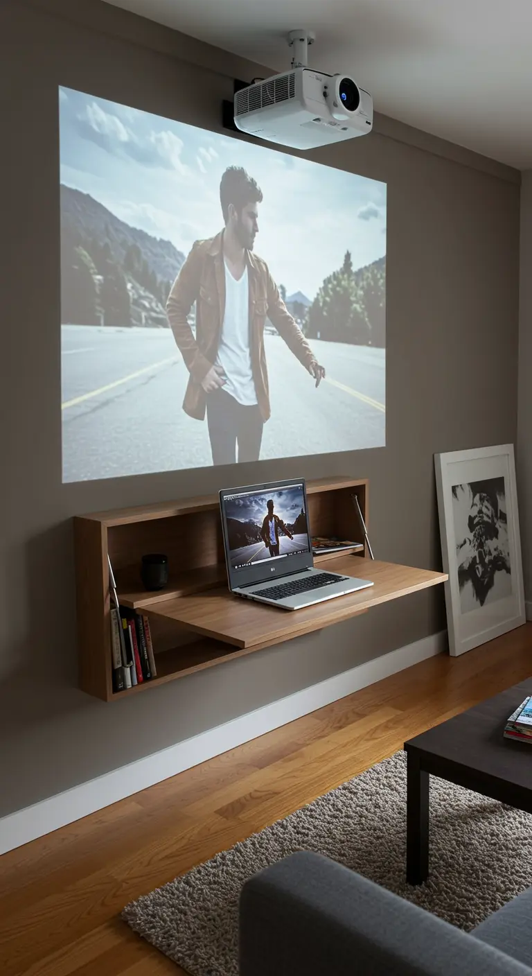 Escritorio flotante de madera debajo de una pantalla de proyector en una sala de estar moderna.