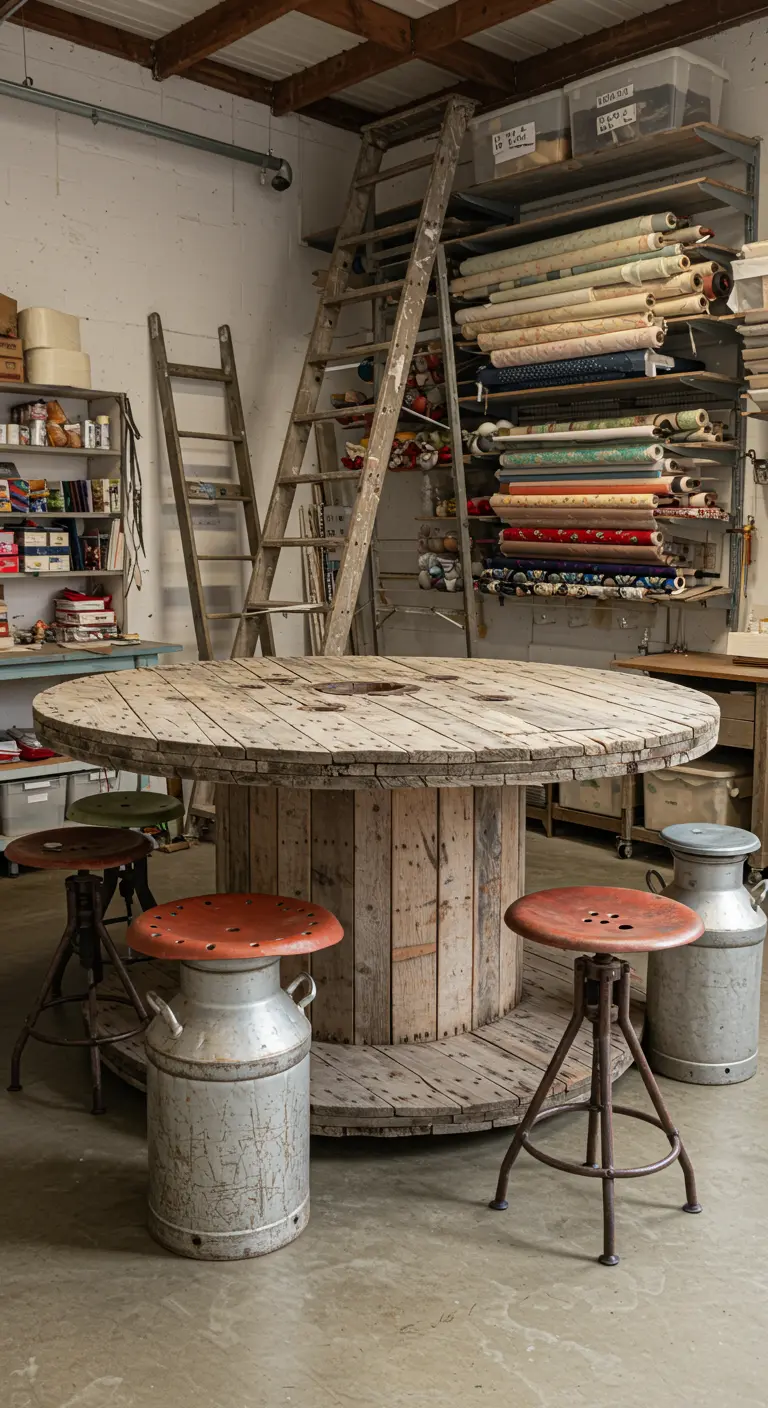 Gran carrete de cable de madera reutilizado como mesa de trabajo rodeado de taburetes y bidones de leche.