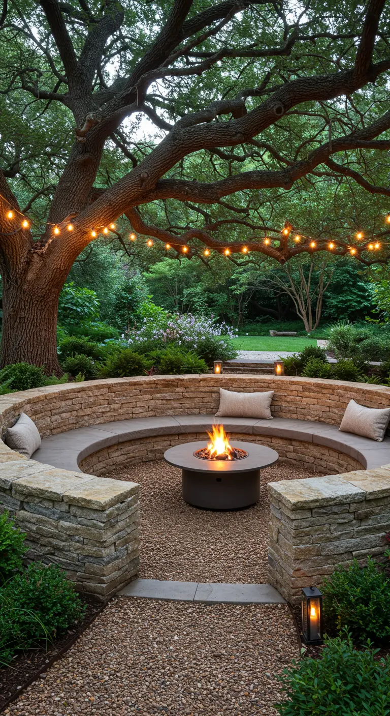 Zona de hoguera circular con un banco de piedra curvo, cojines y guirnaldas de luces en un árbol.