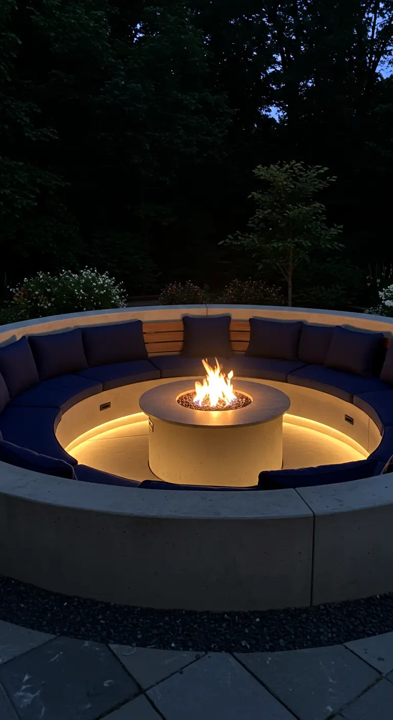 Asiento circular de hormigón alrededor de una hoguera, iluminado por debajo con una tira LED cálida.