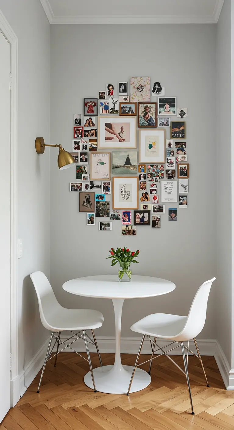 Collage de fotos y postales personales dispuestas en forma circular en la pared de un rincón de desayuno