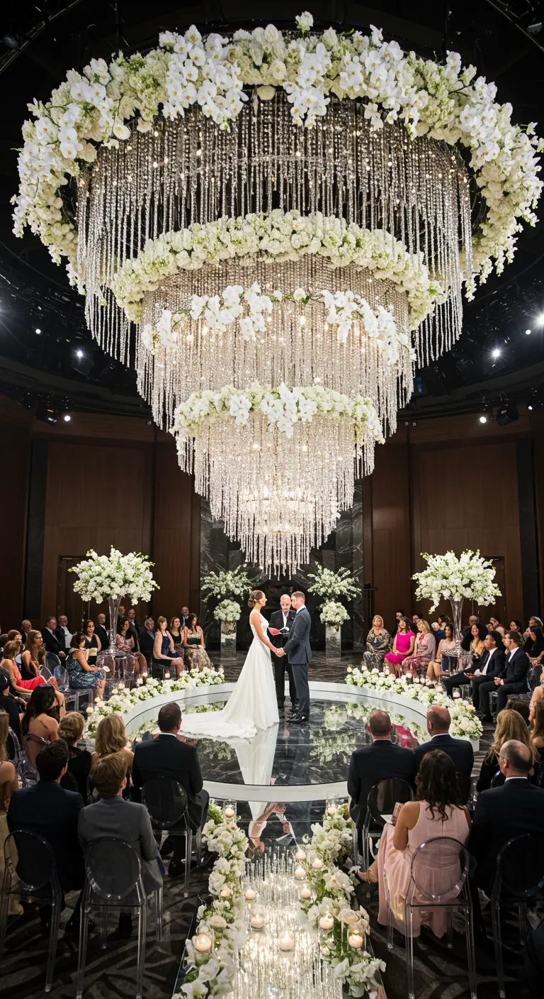 Ceremonia de boda en círculo con una impresionante lámpara de cristal y flores sobre los novios.