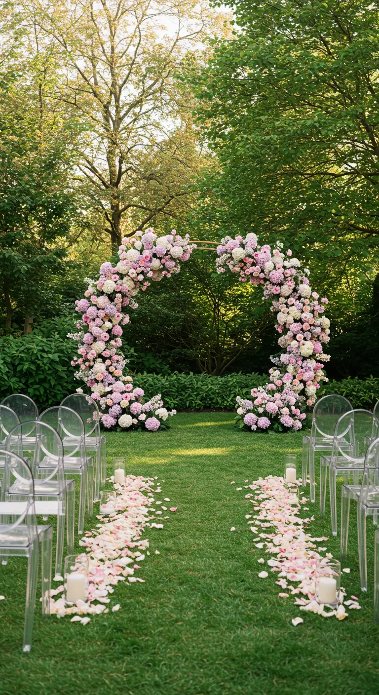 Arco de boda circular con flores rosas y blancas en un jardín verde.