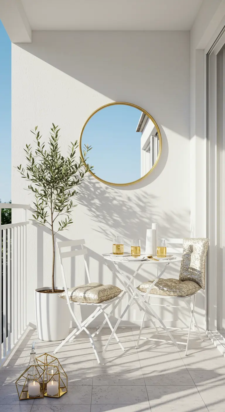 Balcón minimalista con juego de bistró blanco, espejo redondo dorado y cojines de lentejuelas.