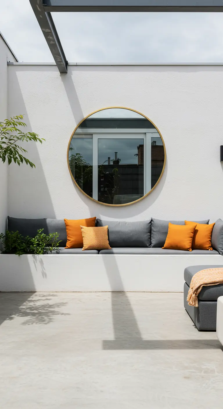 Patio minimalista con pared blanca, un gran espejo redondo dorado sobre un banco de obra con cojines grises.